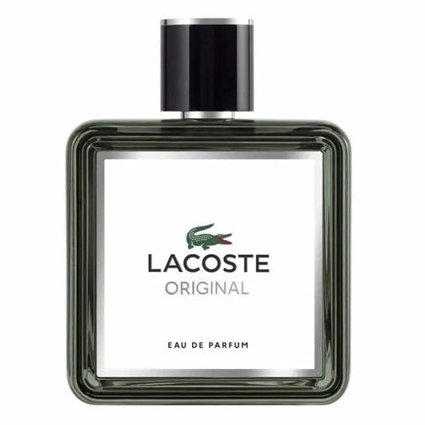Lacoste Original Eau De Parfum spray 100ml by Jag Couture London - New York, featuring a sleek perfume bottle with a green crocodile logo.