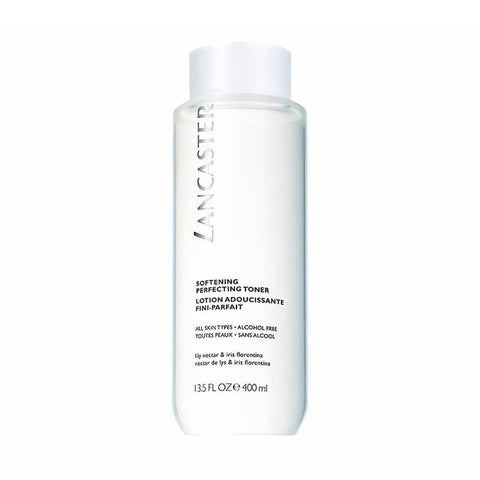 Lancaster Softening Perfecting Toner by Jag Couture London, 400ml, with a clear bottle and soft cotton pads next to it.