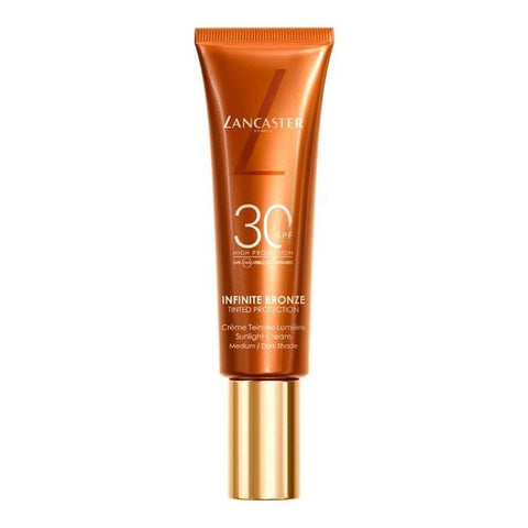Lancaster Infinite Bronze Crema Solar Con Color SPF30, medium shade, 50ml jar, sun protection and bronzing cream by Jag Couture London.