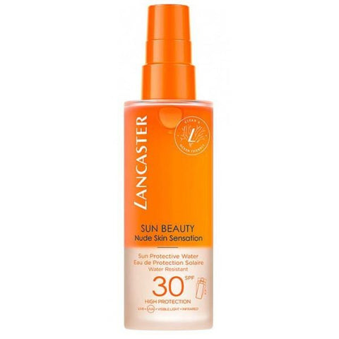 Lancaster Lan Cos Sun Beauty Protective Water Agua SPF50 in 150ml bottle, featuring a clear, hydrating sun protection spray from Jag Couture London.
