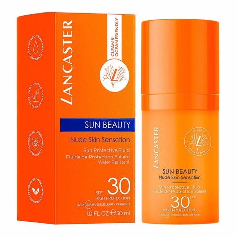 Lancaster Sun Beauty Fluido Facial Protector SPF30 in a 30ml tube, shown with branding and packaging details.