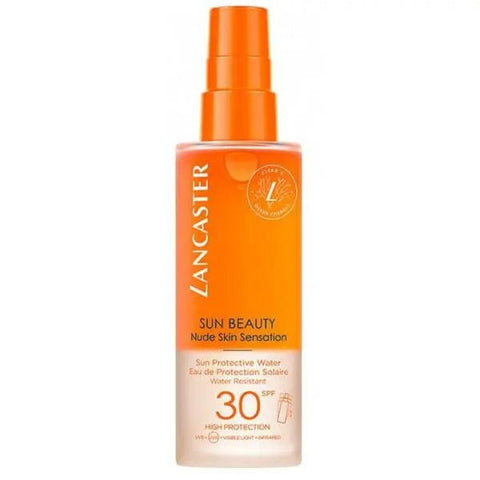 Lancaster Sun Beauty Protective Water Agua SPF30 in 150ml bottle, featuring transparent spray for sun protection and hydration.