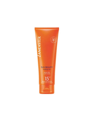 Lancaster Sun Beauty Sublime Tan Body Milk SPF15 by Jag Couture London New York, 250ml bottle with smooth skin and sun protection.