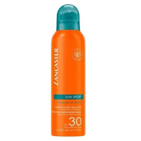 Lancaster Sun Sport Mist SPF30 body spray by Jag Couture London - New York, 200ml, visible spray nozzle and product packaging.