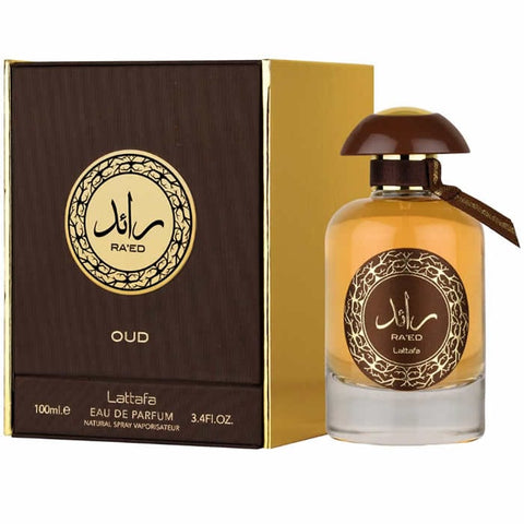 Jag Couture London Lattafa Raed Oud Eau de Parfum spray, 100ml, featuring luxurious Oud fragrance in a sleek perfume bottle.
