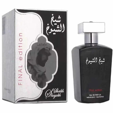 Lattafa Sheikh Shuyukh Eau De Parfum vaporizer 100ml by Jag Couture London features a luxurious perfume bottle with elegant design.