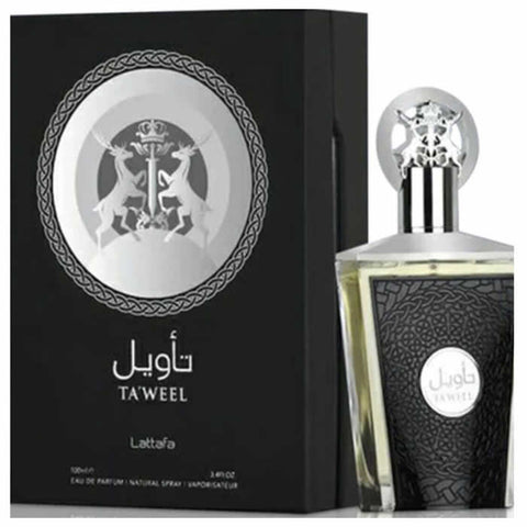 Jag Couture London Taweel Eau de Parfum Spray 100ml, elegant fragrance bottle with a sleek design and floral accents.