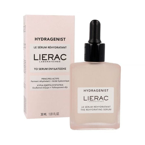 Lierac Hydragenist Rehydrating Serum 30ml in a clear glass bottle with a pump, featuring a sleek design and light-colored cap.