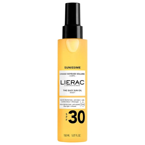 Lierac Sunissime Silky Sun Body Oil SPF30 in 150ml bottle, featuring a sleek design and smooth texture for sun protection and glow.