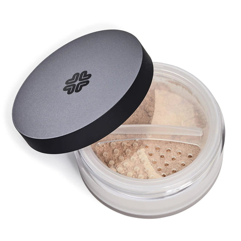 Lily Lolo Mineral Foundation in Warm Honey by Jag Couture London New York, close-up of the powder foundation in a compact.