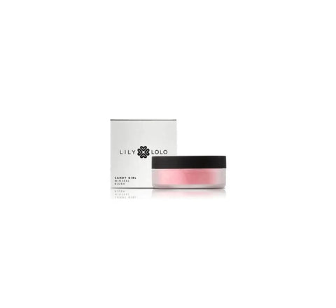 Lily Lolo Mineral Candy Girl blush by Jag Couture London-New York, showing soft pink powder in a compact with a mirror.