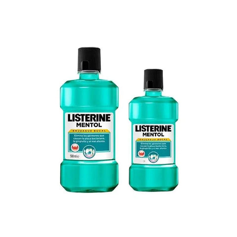 Listerine Menthol mouthwash bottles, 500ml and 250ml, by Jag Couture London-New York, showing clear labels and packaging.