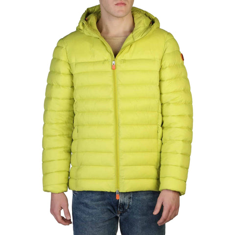 Green Save The Duck Roman winter jacket by Jag Couture London New York, with quilted design and logo details.