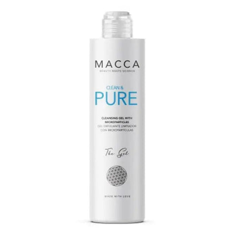 Jag Couture London Macca Clean & Pure Cleansing Gel with microparticles, 200ml, showing the gel in a clear bottle with label details.