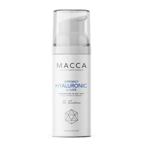 Jag Couture London Macca Supremacy Hyaluronic 0.25% The Emulsion bottle, 50ml, showcasing the skincare product with branding.