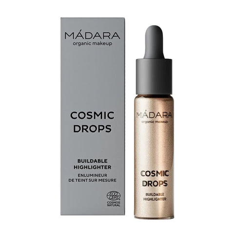 Mádara Cosmic Drops Illuminator 01 Naked Chromosphere in 13.5ml bottle, natural glow, skincare product with reflective shimmer.