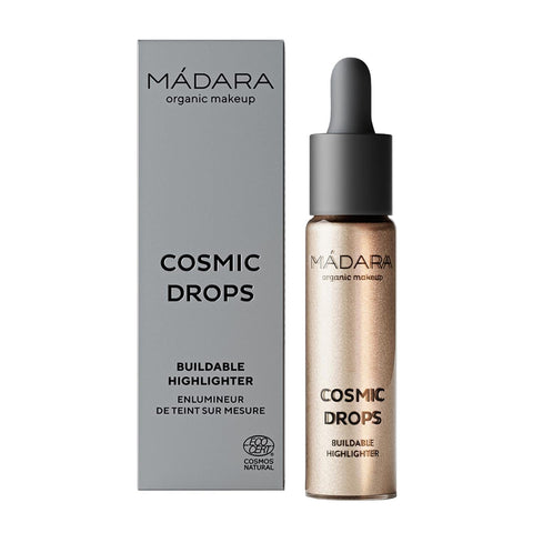 Mádara Cosmic Drops Illuminator 01 Naked Chromosphere in 13.5ml bottle, highlighting the luminous, iridescent liquid for radiant skin.
