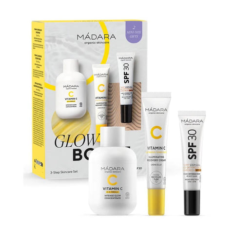 Mádara Glow Boost Tratamiento skincare set by Jag Couture London, featuring natural skincare products in a sleek package.