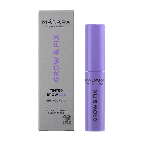 Mádara Grow y Fix Tinted Brow Gel in Frosty Taupe, featuring a brush applicator for natural brow definition.