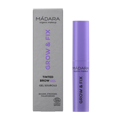 Mádara Grow y Fix Tinted Brow Gel in Frosty Taupe, natural brow finish, packaged in a small tube with a brush applicator.