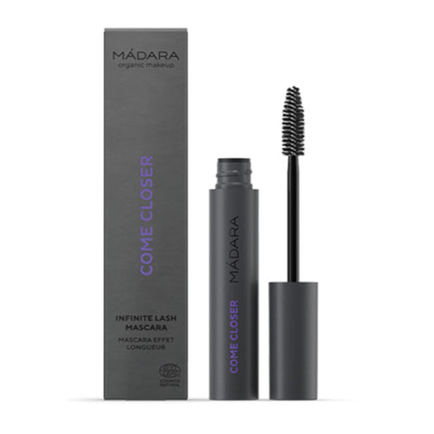 Mádara Infinite Lash Mascara in 6ml by Jag Couture London - New York, showing the mascara tube with black brush inside.