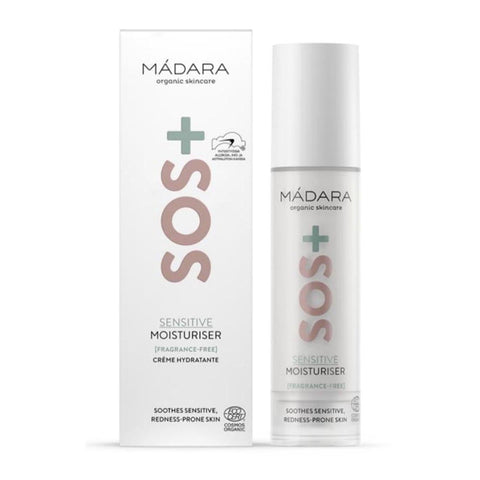 Mádara SOS Sensitive Day Cream in 50ml jar, gentle skincare product by Mádara for sensitive skin, shown in a white container.