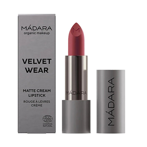 Mádara Velvet Wear Matte Lipstick in shade 507 Rust, cream formula, 3.8g, featuring a sleek bullet design.