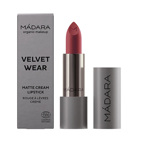 Mádara Velvet Wear Matte Cream lipstick in shade 507 Rust, 3.8g, with creamy texture and bold rust color in a sleek bullet.