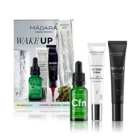 Mádara Wake-Up Revitalizing Trio Pack, skincare set with natural ingredients, featuring moisturizers and energizing products.