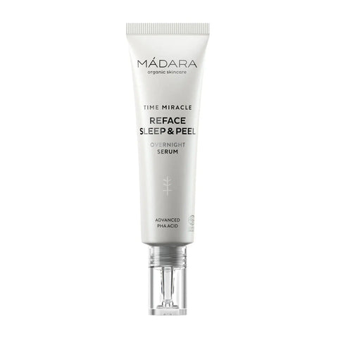 Mádara Time Miracle Reface Sleep y Peel Overnight Serum in 30ml bottle, showing the product with elegant packaging.
