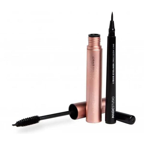 Jag Couture London Magic Studio liquid eyeliner and volume mascara set, black eyeliner pen and mascara wand on white background.