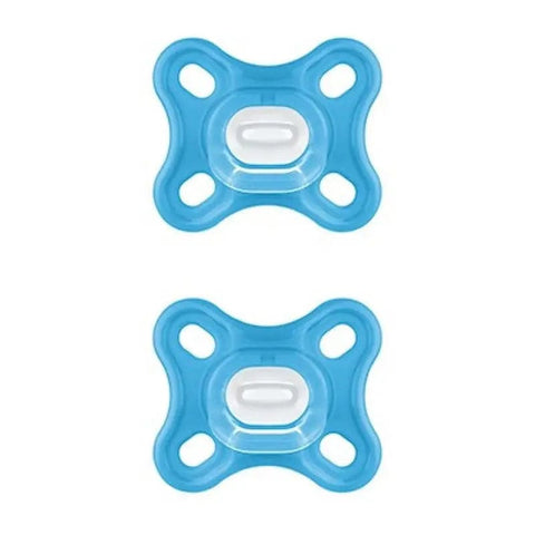 Two Mam Comfort Pacifiers for infants aged 0+ in blue, made by Jag Couture London - New York, shown in the image.