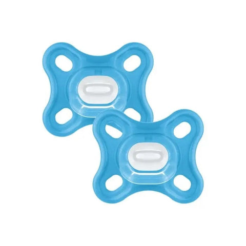 Blue Mam Comfort pacifiers for 3-12 months, two units, by Jag Couture London New York, designed for soothing and comfort.