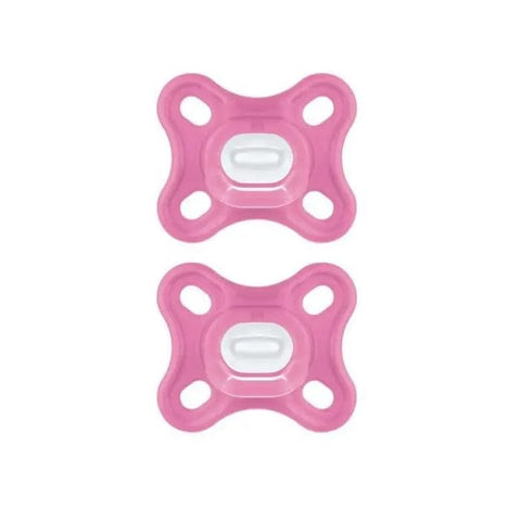 Pink Mam Comfort Pacifier for 3-12 months, two units, designed for infants, by Jag Couture London New York.