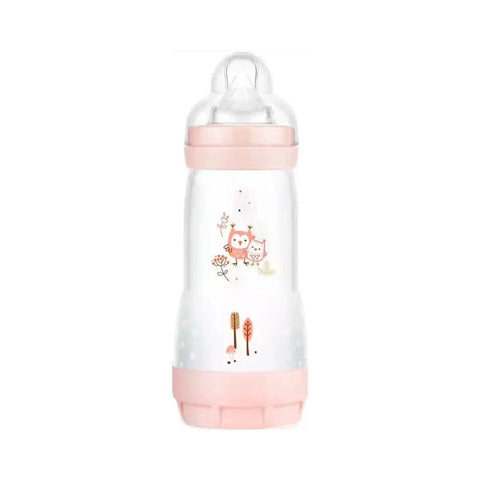 Pink Mam Easy Start anti-colic baby bottle, 260ml, with clear measurement markings and ergonomic design by Jag Couture London New York.