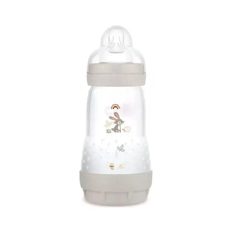 Mam Easy Start anti-colic baby bottle in neutral color, 260ml, with a clear view of the bottle's ergonomic design and cap.