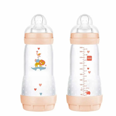Mam Easy Start anti-colic baby bottle 320ml in neutral color, designed for 4 months and older, by Jag Couture London New York.