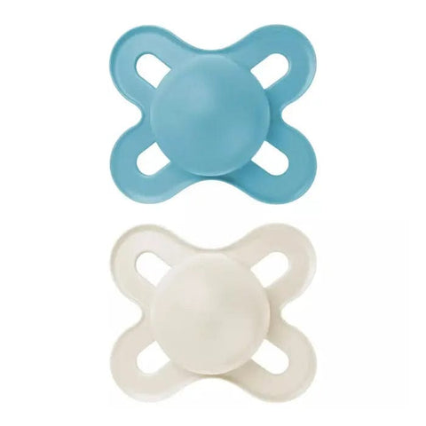 Two blue Mam Original Start silicone baby bottles for 0-2 months, made by Jag Couture London and New York, shown in the image.