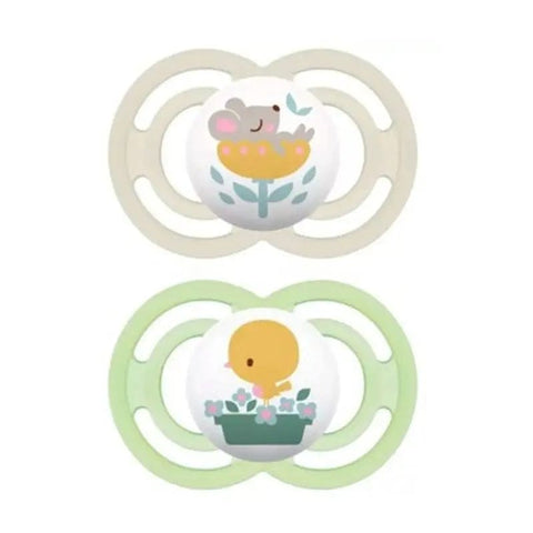 Two Mam Perfect silicone pacifiers for babies 6 months and older in yellow and green, by Jag Couture London New York.