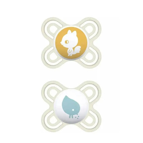 Two unisex Mam Perfect pacifiers for 2-6 months, from Jag Couture London - New York, shown in the image.