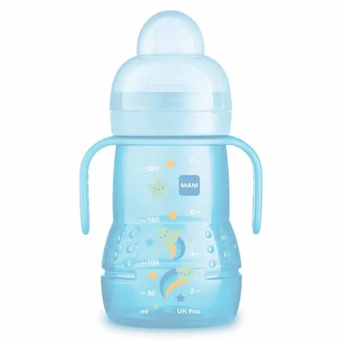 Blue Mam Trainer glass baby bottle, 220ml, designed for babies 4 months and older, by Jag Couture London New York.