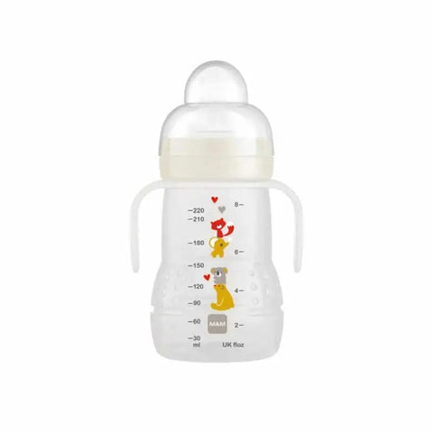 Jag Couture London Mam Trainer glass baby bottle 220ml in neutral color for 4 months and older, with a soft silicone nipple.