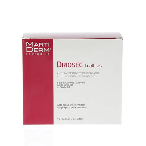 Martiderm Driosec 15 Wipes in a resealable pack, designed for skin cleansing and freshness, by Jag Couture London New York.