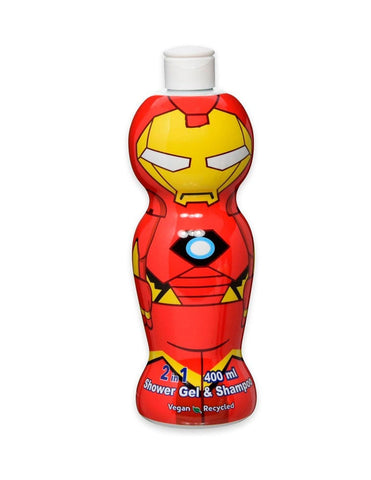 Marvel Air-Val Iron Man gel and shampoo by Jag Couture London, New York, 400ml bottle with Iron Man branding.