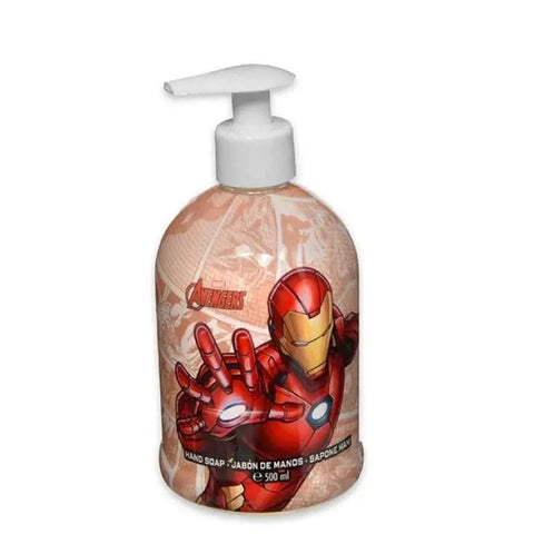 Marvel Avengers Iron Man hand gel in a 500ml bottle by Jag Couture London, featuring Iron Man design and transparent gel inside.