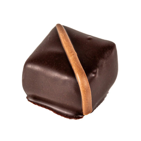 Dark chocolate covered marzipan with a milk stripe, 16g, by Jag Couture London - New York, shown in close-up detail.