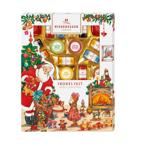 Jag Couture London-New York marzipanerie specialties in festive Christmas sleeve, featuring colorful marzipan confections.