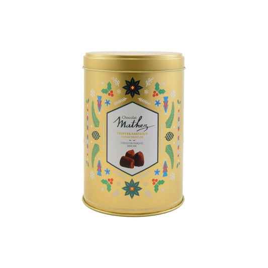Jag Couture London - New York Mathez original French cocoa dusted truffles in gold Christmas design tin