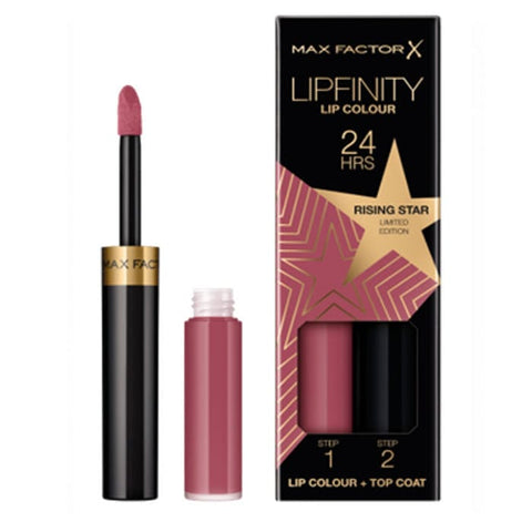Max Factor Lipfinity Rising Stars 84 Rising Star lipstick in sleek packaging, showcasing vibrant color and modern design.
