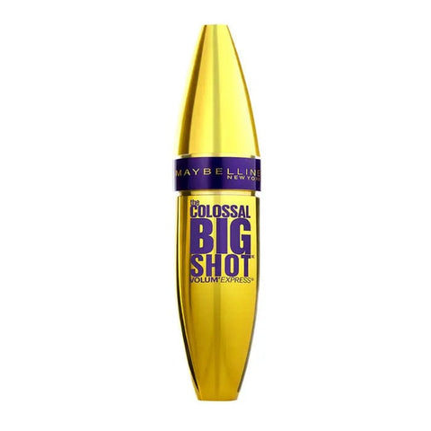 Maybelline Colossal Big Shot Mascara in black, with a sleek black tube and wand showing thickening mascara on lashes.